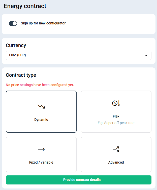 Energy settings overview with flex selected