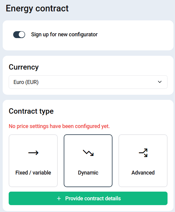 Energy settings overview with dynamic selected