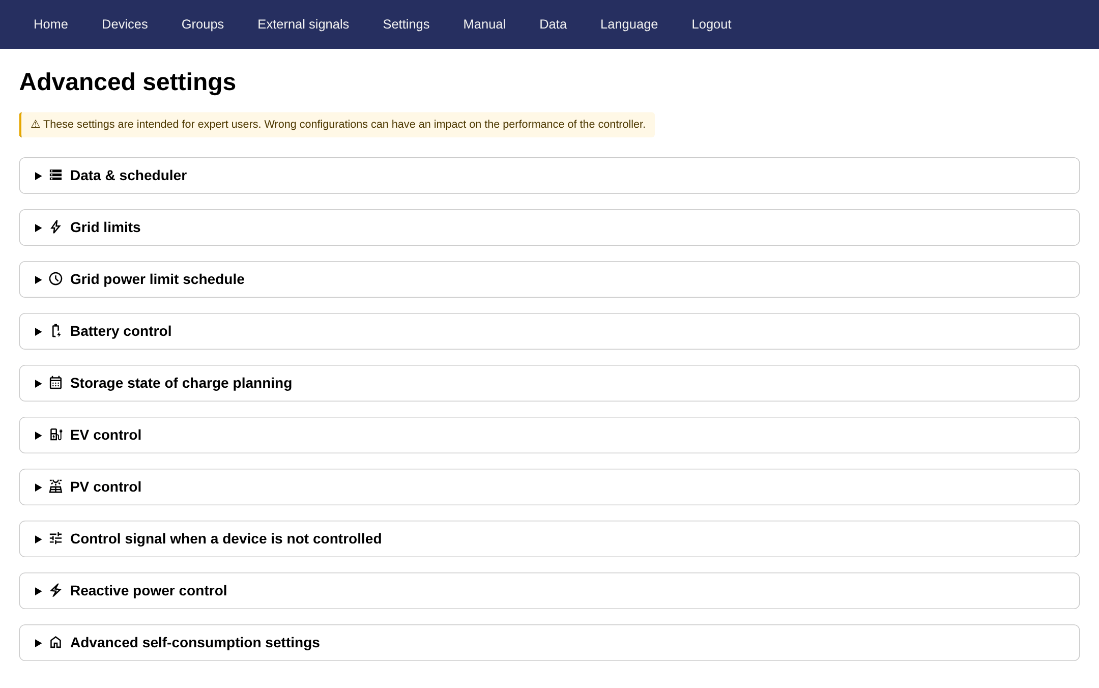 The advanced settings page with its collapsed groups