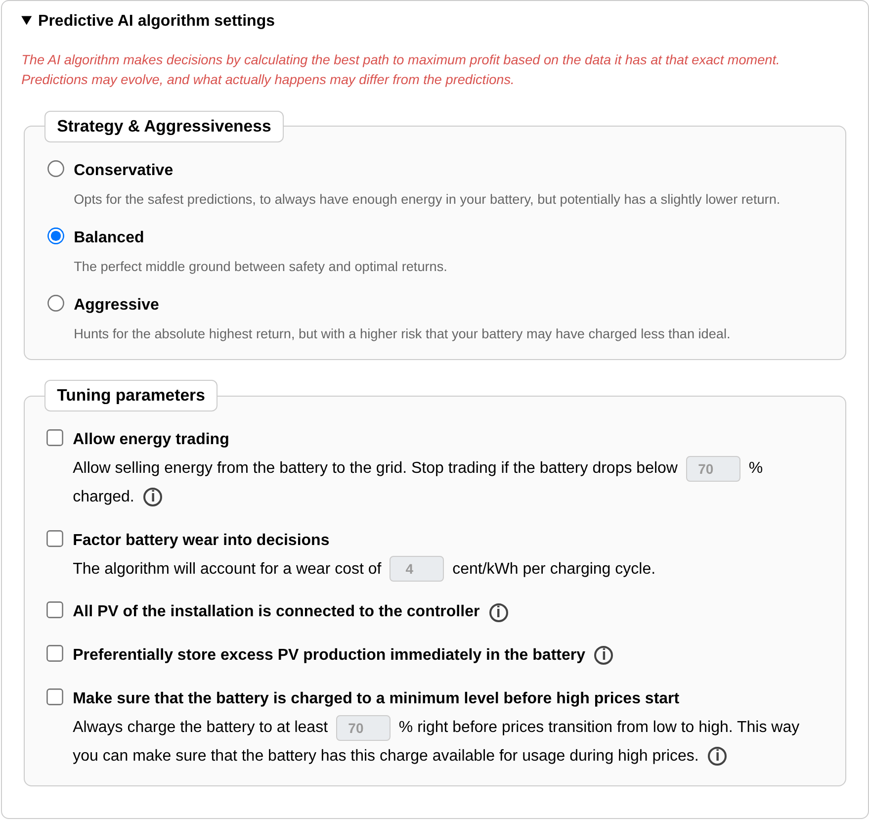 The predictive AI algorithm settings