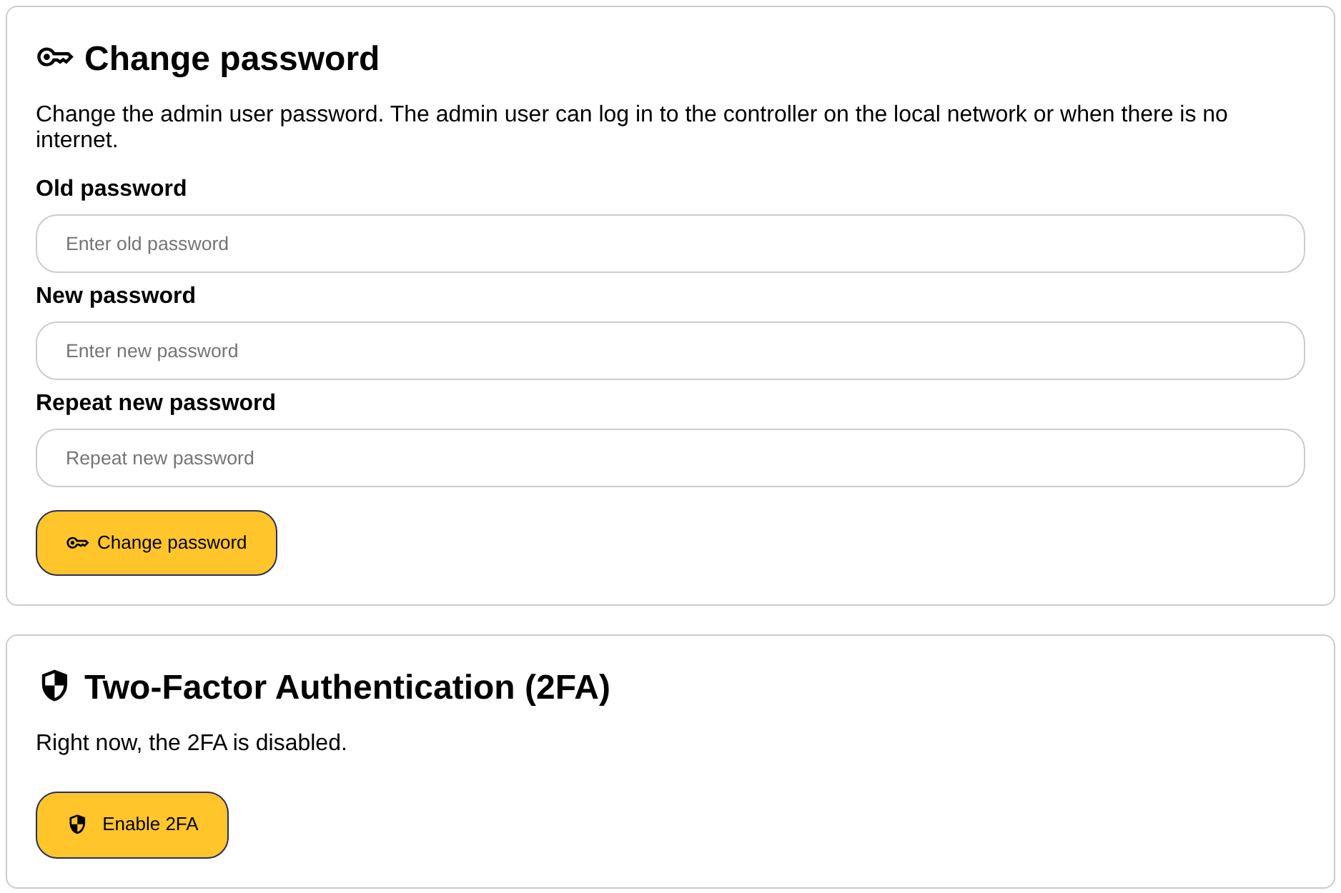 The change password and two-factor authentication sections of the settings page