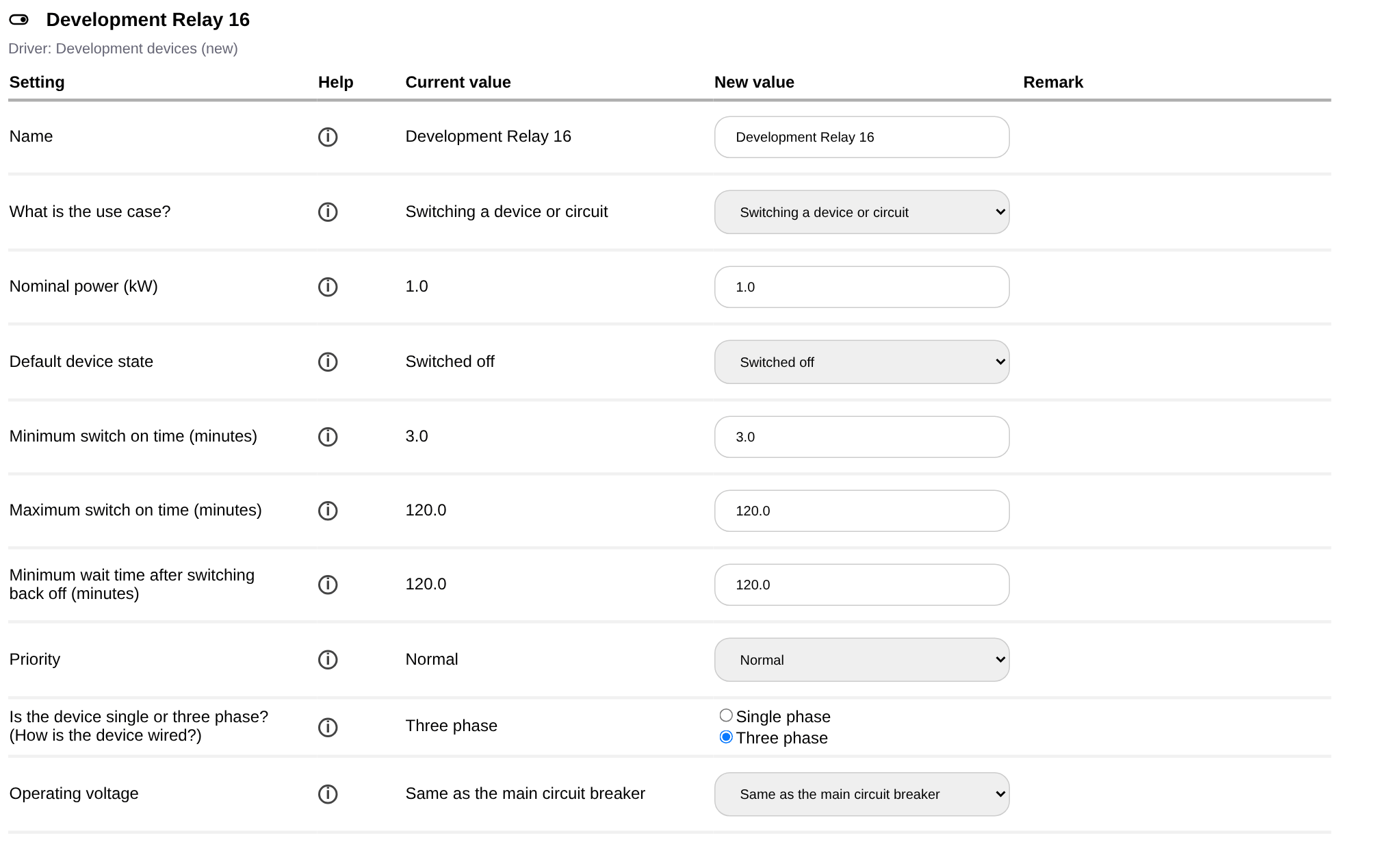 The settings of a relay