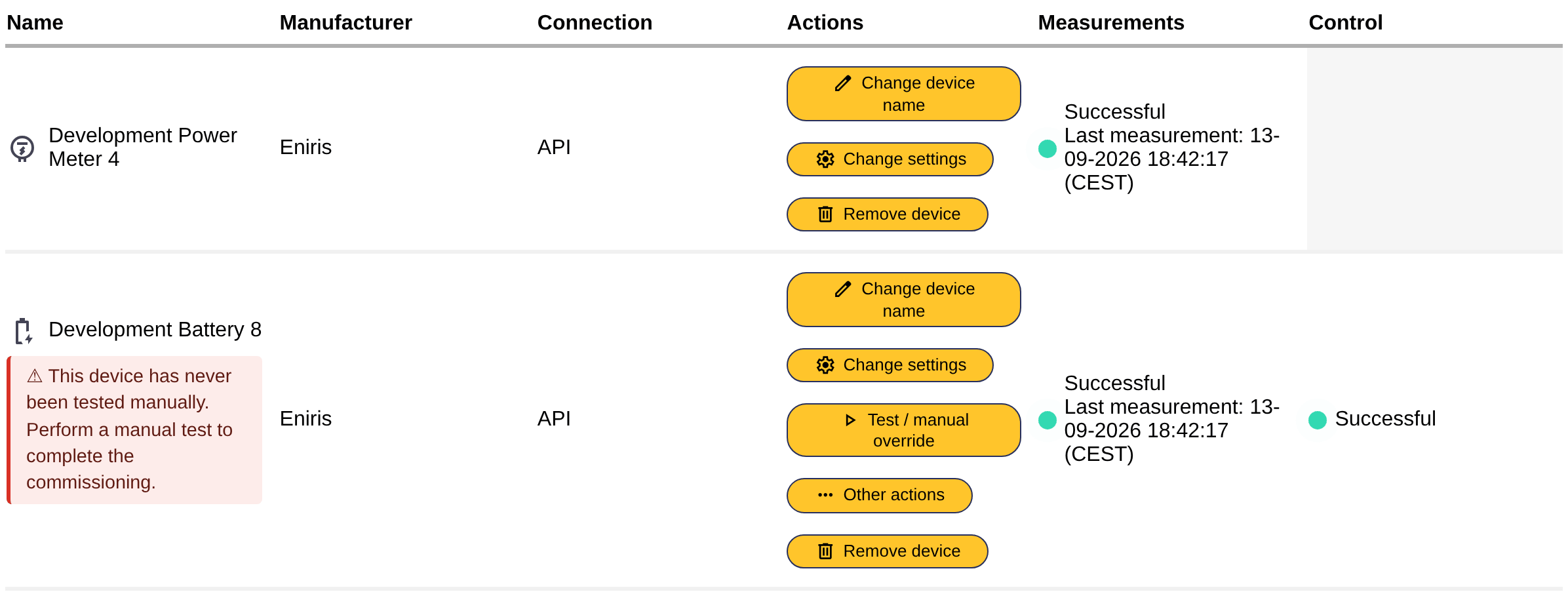 The action buttons of a device on the Devices tab