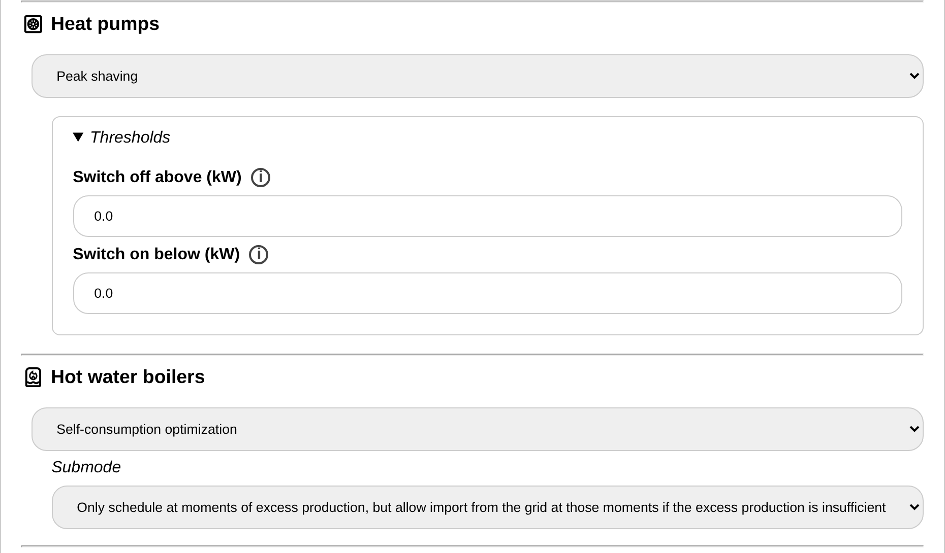 The thresholds and submode of heat pumps in peak shaving and self-consumption