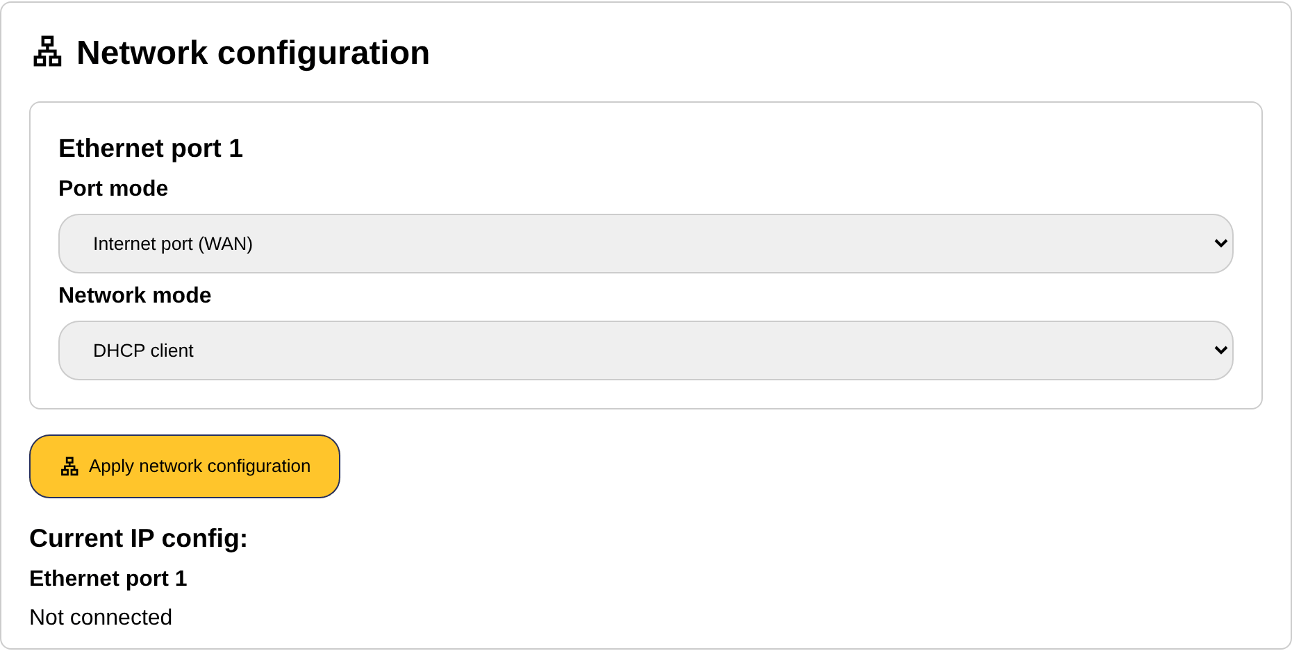 The network configuration section of the settings page