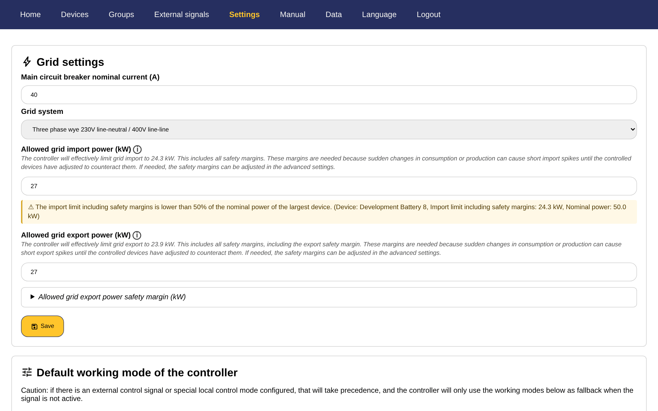 The settings page of the commissioning interface
