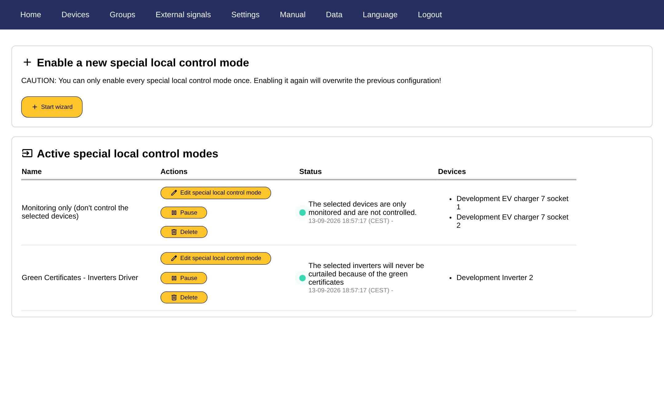 The management page of the special local control modes