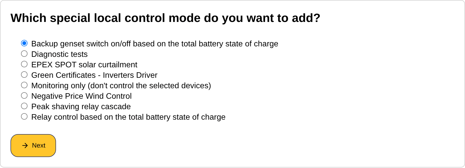 The list of special local control modes in the wizard